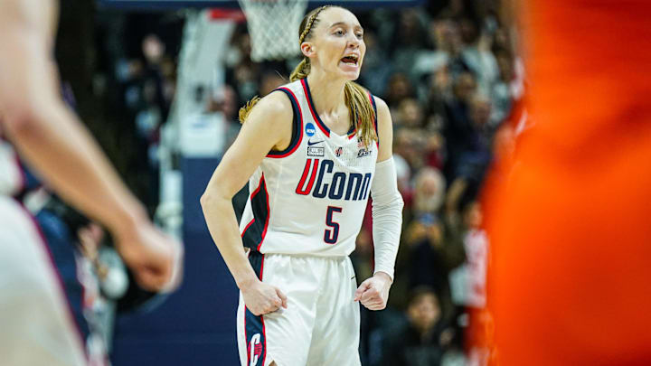 UConn Huskies guard Paige Bueckers (5) reacts after her basket against the Syracuse Orange. 