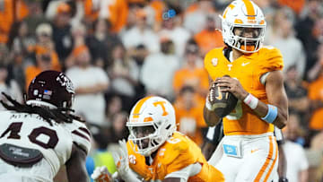 Tennessee quarterback Nico Iamaleava (8) looks to throw during a college football game between Tennessee and Mississippi State at Neyland Stadium in Knoxville, Tenn., on Saturday, Nov. 9, 2024.