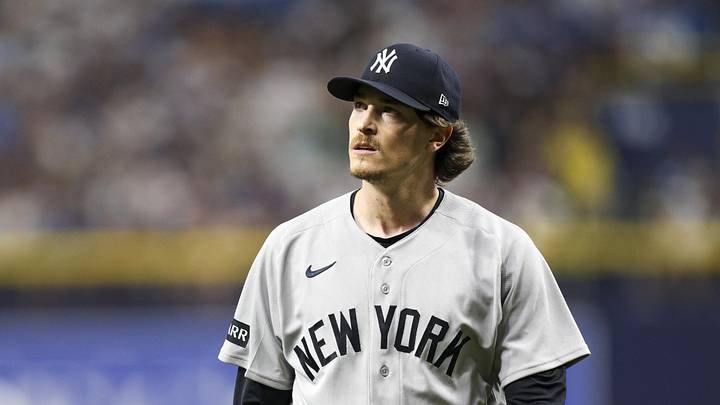 Apr 11, 2026; St. Petersburg, Florida, USA; New York Yankees starting pitcher Max Fried (54) looks on against the Tampa Bay Rays in the sixth inning at Tropicana Field. Mandatory Credit: Nathan Ray Seebeck-Imagn Images