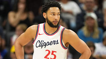 Apr 11, 2025; Sacramento, California, USA; Los Angeles Clippers guard Ben Simmons (25) during the third quarter against the Sacramento Kings at Golden 1 Center. Mandatory Credit: Darren Yamashita-Imagn Images
