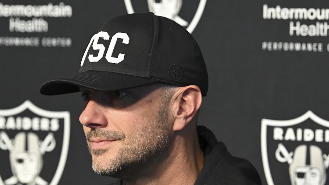 Apr 25, 2025; Henderson, NV, USA; (L-R) Las Vegas Raiders general manager John Spytek during a news conference introducing Ashton Jeanty as the first round draft pick in the 2025 NFL Draft at Intermountain Health Performance Center. Mandatory Credit: Candice Ward-Imagn Images