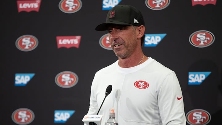 Jul 23, 2025; Santa Clara, CA, USA; San Francisco 49ers head coach Kyle Shanahan answers questions from reporters following the first day of training camp at SAP Performance Facility. Mandatory Credit: D. Ross Cameron-Imagn Images Jul 23, 2025; Santa Clara, CA, USA; San Francisco 49ers head coach Kyle Shanahan answers questions from reporters following the first day of training camp at SAP Performance Facility. Mandatory Credit: D. Ross Cameron-Imagn Images