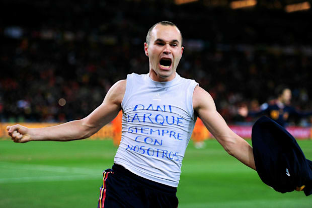 Andres Iniesta celebrating his game winning goal for Spain in the 2010 World Cup final.