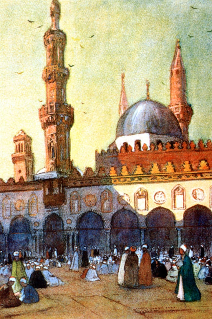An illustration of the Mosque of Al-Azhar, built between 969 and 972 and connected to the Al-Azhar University