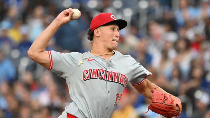 Aug 19, 2024; Toronto, Ontario, CAN; Cincinnati Reds starting pitcher Julian Aguiar (39) delivers a pitch against the Toronto Blue Jays in the first inning at Rogers Centre. Mandatory Credit: Dan Hamilton-USA TODAY Sports