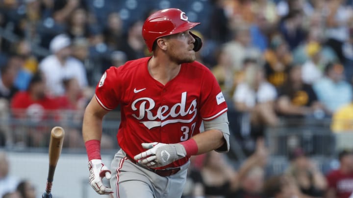 Aug 23, 2024; Pittsburgh, Pennsylvania, USA;  Cincinnati Reds catcher Tyler Stephenson (37) watches his solo home run against the Pittsburgh Pirates during the first inning at PNC Park. Mandatory Credit: Charles LeClaire-USA TODAY Sports