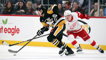 Nov 13, 2024; Pittsburgh, Pennsylvania, USA;  Pittsburgh Penguins defenseman Erik Karlsson (65) skates with the puck against Detroit Red Wings right wing Jonatan Berggren (48) during the second period at PPG Paints Arena. Mandatory Credit: Charles LeClaire-Imagn Images