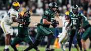 Michigan State tight end Jack Velling (12) makes a catch against Michigan during the second half at Spartan Stadium in East Lansing on Saturday, October 25, 2025.