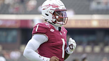 Sep 20, 2025; Tallahassee, Florida, USA; Florida State Seminoles quarterback Thomas Castellanos (0) warms up before the game against the Kent State Golden Flashes at Doak S. Campbell Stadium. Mandatory Credit: Melina Myers-Imagn Images