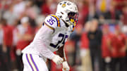 NCAA, College League, USA Football 2024: LSU vs Arkansas Oct 19 October 19, 2024: Saivion Jones 35 LSU defender comes up the field on the rush. LSU defeated Arkansas 34-10 in Fayetteville, AR.