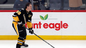 Feb 18, 2024; Pittsburgh, Pennsylvania, USA;  Pittsburgh Penguins former right wing Jaromir Jagr (68) skates in  warm-ups against the Los Angeles Kings at PPG Paints Arena. Mandatory Credit: Charles LeClaire-USA TODAY Sports