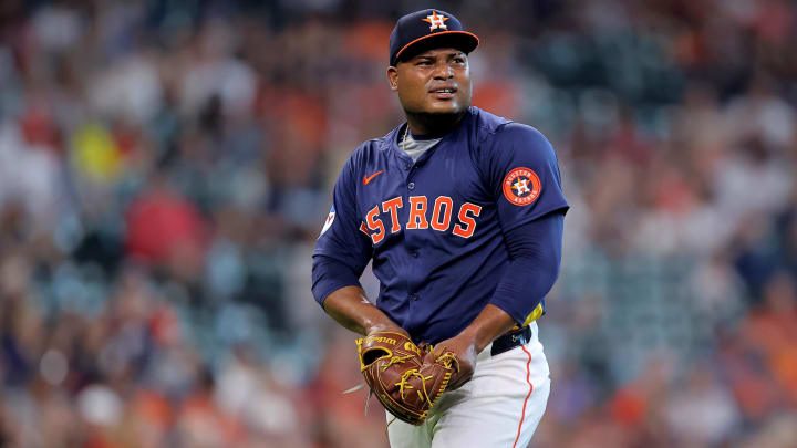 Jun 1, 2024; Houston, Texas, USA; Houston Astros starting pitcher Framber Valdez (59) reacts after throwing a strikeout against the Minnesota Twins during the first inning at Minute Maid Park.