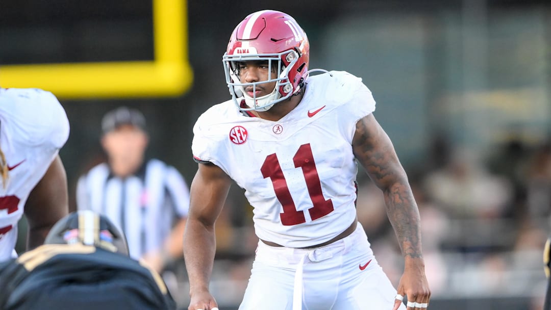 Oct 5, 2024; Nashville, Tennessee, USA; Alabama Crimson Tide linebacker Jihaad Campbell (11) sneaks a peek into the back field against the Vanderbilt Commodores during the second half  at FirstBank Stadium. Mandatory Credit: Steve Roberts-Imagn Images