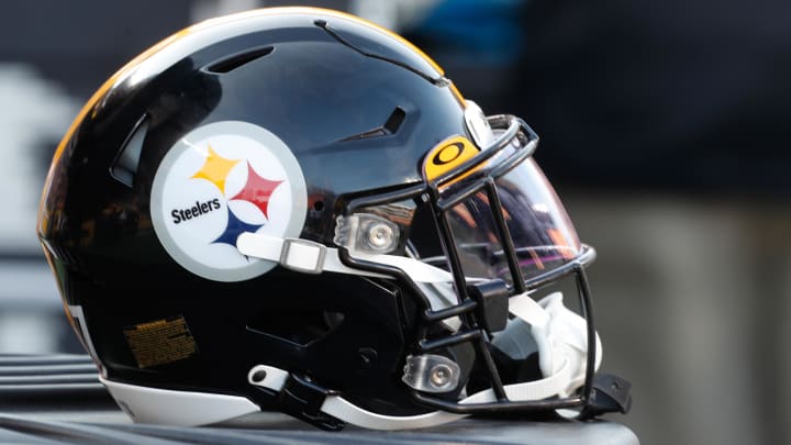 Aug 19, 2023; Pittsburgh, Pennsylvania, USA;  A Pittsburgh Steelers helmet sits on the sidelines against the Buffalo Bills at Acrisure Stadium. Mandatory Credit: Charles LeClaire-USA TODAY Sports