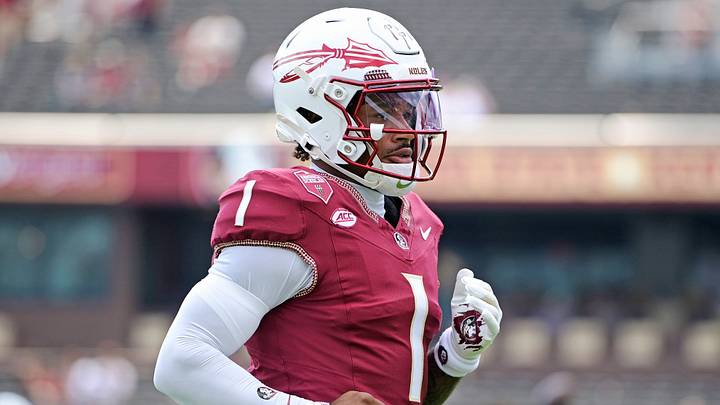 Sep 20, 2025; Tallahassee, Florida, USA; Florida State Seminoles quarterback Thomas Castellanos (0) warms up before the game against the Kent State Golden Flashes at Doak S. Campbell Stadium. Mandatory Credit: Melina Myers-Imagn Images