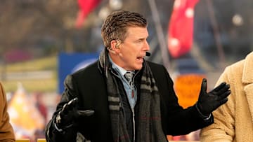 Rece Davis talks on the set of ESPN College GameDay prior to the College Football Playoff first round game between the Ohio State Buckeyes and Tennessee Volunteers in Columbus on Dec. 21, 2024.