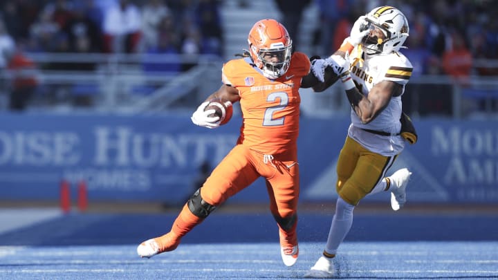 Oct 28, 2023; Boise, Idaho, USA; Boise State Broncos running back Ashton Jeanty (2) during the first half against the Wyoming Cowboys at Albertsons Stadium. Mandatory Credit: Brian Losness-USA TODAY Sports