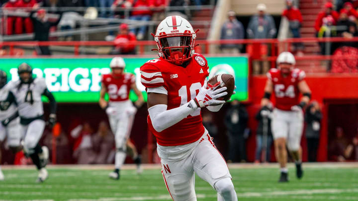 Oct 28, 2023; Lincoln, Nebraska, USA; Nebraska Cornhuskers wide receiver Jaylen Lloyd (19) catches a pass for a touchdown against the Purdue Boilermakers during the second quarter at Memorial Stadium.