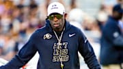 Oct 4, 2025; Fort Worth, Texas, USA; Colorado Buffaloes head coach Deion Sanders on the field during warm ups prior to a game against the TCU Horned Frogs at Amon G. Carter Stadium. Mandatory Credit: Raymond Carlin III-Imagn Images