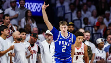 Nov 22, 2024; Tucson, Arizona, USA; Duke Blue Devils forward Cooper Flagg (2) celebrates a three pointer made during the second half against the Arizona Wildcat at McKale Center. Mandatory Credit: Aryanna Frank-Imagn Images
