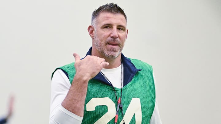 Jun 10, 2025; Foxborough, MA, USA; New England Patriots head coach Mike Vrabel gestures during minicamp held in the WIN Field House at Gillette Stadium. Mandatory Credit: Eric Canha-Imagn Images