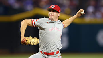 Mar 13, 2023; Phoenix, Arizona, USA; Canada pitcher Mitch Bratt in the first inning against USA during the World Baseball Classic at Chase Field. Mandatory Credit: Mark J. Rebilas-USA TODAY Sports