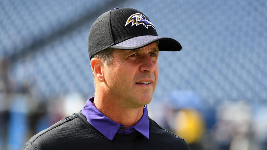 Nov 5, 2017; Nashville, TN, USA; Baltimore Ravens head coach John Harbaugh before the game against the Tennessee Titans at Nissan Stadium. Mandatory Credit: Christopher Hanewinckel-Imagn Images