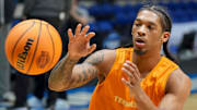 Tennessee Volunteers guard Zakai Zeigler (5) catches the ball during practice Thursday, March 27, 2025, at Lucas Oil Stadium in Indianapolis. The Volunteers will be taking on the Kentucky Wildcats in the Sweet 16 round of the NCAA March Madness tournament.