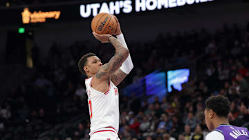 Dec 1, 2025; Salt Lake City, Utah, USA;  Houston Rockets forward Jabari Smith Jr. (10) shoots an open jump shot during the second half against the Utah Jazz at Delta Center. Mandatory Credit: Chris Nicoll-Imagn Images