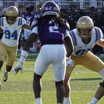 Sep 27, 2025; Evanston, Illinois, USA; UCLA Bruins place kicker Mateen Bhaghani (94) kicks a field goal against the Northwestern Wildcats during the second half at Northwestern Medicine Field at Martin Stadium. Mandatory Credit: David Banks-Imagn Images