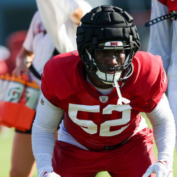 Aug 8, 2023; Tampa, FL, USA;  Tampa Bay Buccaneers linebacker K.J. Britt (52) participates in training camp at AdventHealth Training Center. Mandatory Credit: Nathan Ray Seebeck-USA TODAY Sports
