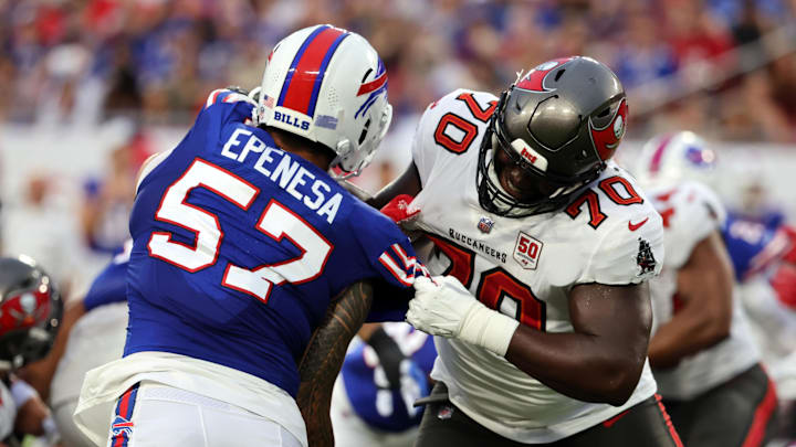 Aug 23, 2025; Tampa, Florida, USA; Tampa Bay Buccaneers offensive tackle Benjamin Chukwuma (70) blocks Buffalo Bills defensive end AJ Epenesa (57) Aug 23, 2025; Tampa, Florida, USA; Tampa Bay Buccaneers offensive tackle Benjamin Chukwuma (70) blocks Buffalo Bills defensive end AJ Epenesa (57)