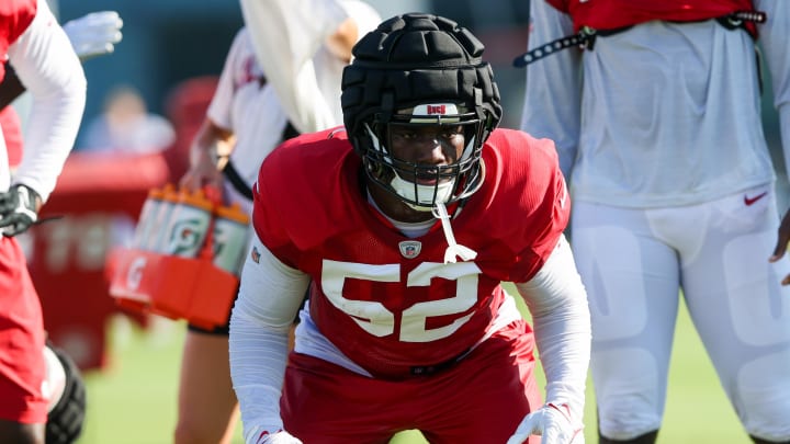 Aug 8, 2023; Tampa, FL, USA;  Tampa Bay Buccaneers linebacker K.J. Britt (52) participates in training camp at AdventHealth Training Center. Mandatory Credit: Nathan Ray Seebeck-USA TODAY Sports