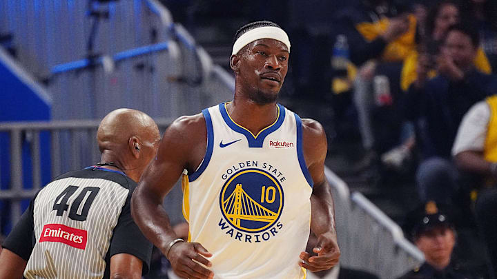 Oct 5, 2025; San Francisco, California, USA; Golden State Warriors forward Jimmy Butler III (10) waits for action to resume in the first quarter against the Los Angeles Lakers at Chase Center. Mandatory Credit: David Gonzales-Imagn Images Oct 5, 2025; San Francisco, California, USA; Golden State Warriors forward Jimmy Butler III (10) waits for action to resume in the first quarter against the Los Angeles Lakers at Chase Center. Mandatory Credit: David Gonzales-Imagn Images