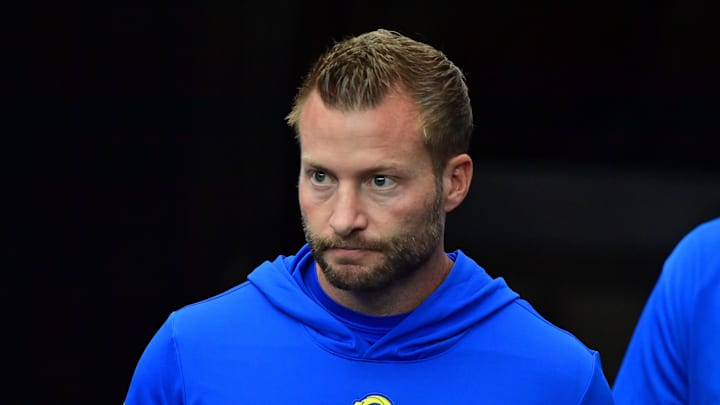 Sep 15, 2024; Glendale, Arizona, USA;  Los Angeles Rams head coach Sean McVay prior to a game against the Arizona Cardinals at State Farm Stadium. Mandatory Credit: Matt Kartozian-Imagn Images