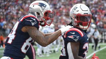 Nov 6, 2022; Foxborough, Massachusetts, USA;  New England Patriots wide receiver Kendrick Bourne (84) congratulates running back Rhamondre Stevenson (38) after scoring a touchdown during the first half against the Indianapolis Colts at Gillette Stadium. Mandatory Credit: Bob DeChiara-USA TODAY Sports