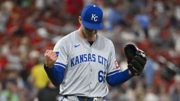 Jul 10, 2024; St. Louis, Missouri, USA;  Kansas City Royals relief pitcher James McArthur (66) reacts after the Royals defeated the St. Louis Cardinals at Busch Stadium. Mandatory Credit: Jeff Curry-USA TODAY Sports