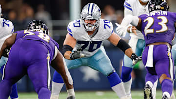 Sep 22, 2024; Arlington, Texas, USA; Dallas Cowboys guard Zack Martin (70) blocks during the fourth quarter against the Baltimore Ravens at AT&T Stadium. Mandatory Credit: Andrew Dieb-Imagn Images