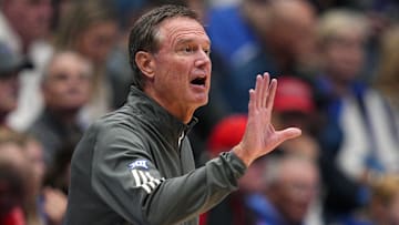 Oct 28, 2025; Lawrence, KS, USA; Kansas Jayhawks head coach Bill Self reacts during the first half against the Fort Hays State Tigers at Allen Fieldhouse. Mandatory Credit: Jay Biggerstaff-Imagn Images
