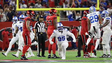 Nov 10, 2024; Houston, Texas, USA;Detroit Lions defensive end Pat O'Connor (95) and teammates celebrate after Houston Texans place kicker Ka'imi Fairbairn (15) (not pictured) missed the game winning field goal in the fourth quarter at NRG Stadium. Mandatory Credit: Thomas B. Shea-Imagn Images