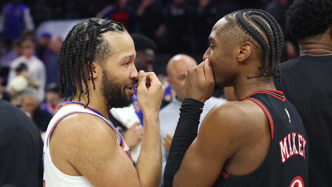 Jan 24, 2026; Philadelphia, Pennsylvania, USA; New York Knicks guard Jalen Brunson (11) and Philadelphia 76ers guard Tyrese Maxey (0) talk after the game at Xfinity Mobile Arena. Mandatory Credit: Bill Streicher-Imagn Images