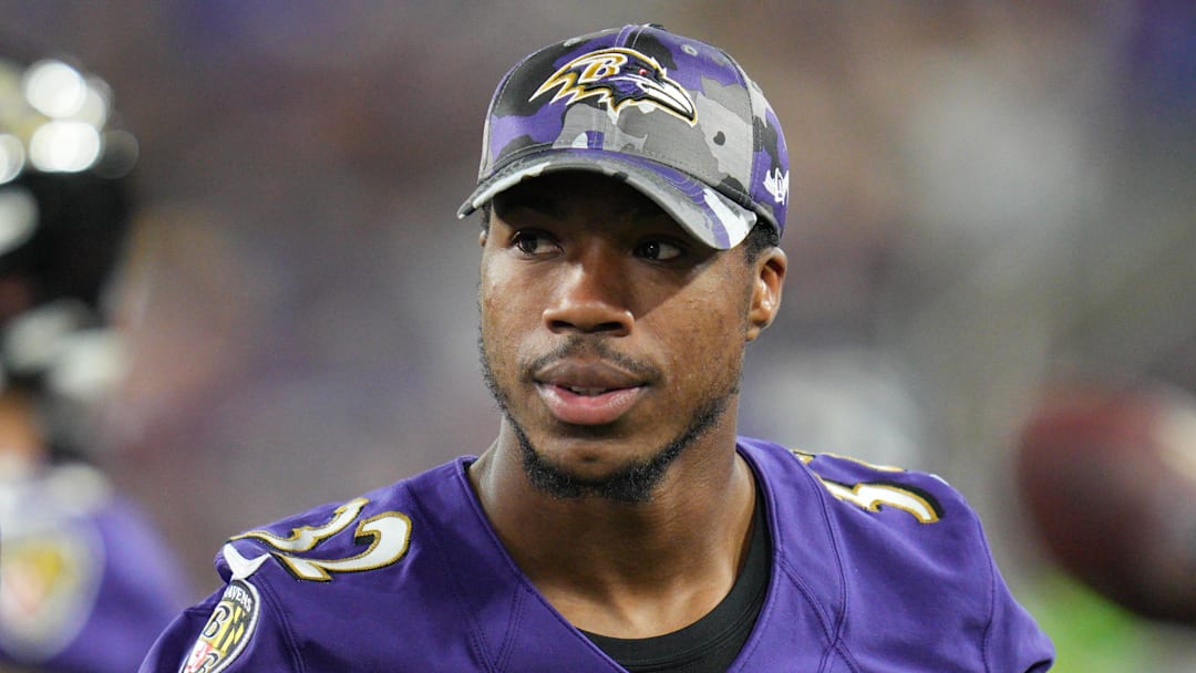Aug 27, 2022; Baltimore, Maryland, USA;  Baltimore Ravens safety Marcus Williams (32) on the sidelines during the third quarter against the Washington Commanders at M&T Bank Stadium. Mandatory Credit: Jessica Rapfogel-Imagn Images
