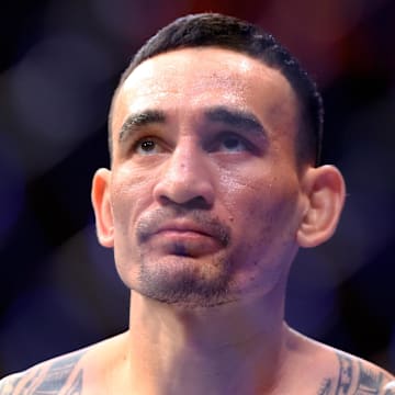 Apr 13, 2024; Las Vegas, Nevada, USA; Max Holloway during UFC 300 at T-Mobile Arena. Mandatory Credit: Mark J. Rebilas-Imagn Images