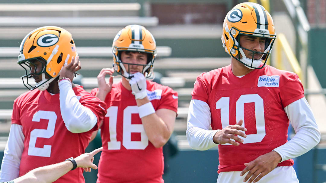 Green Bay Packers quarterback Malik Willis (2), quarterback Sean Clifford (16) and quarterback Jordan Love (10) participates in the team's minicamp at Ray Nitschke Field. Mandatory Credit: Benny Sieu-Imagn Images