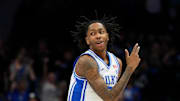 Mar 13, 2025; Charlotte, NC, USA; Duke Blue Devils guard Isaiah Evans (3) reacts after hitting a three point shot in the first half at Spectrum Center. Mandatory Credit: Bob Donnan-Imagn Images