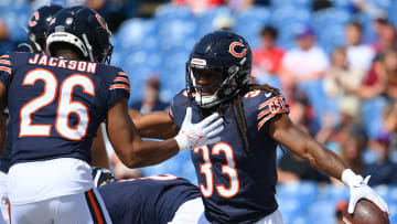 Ian Wheeler (33) and John Jackson III celebrate during the Bears' 33-6 preseason win over the Bills