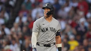 Jun 13, 2025; Boston, Massachusetts, USA; New York Yankees outfielder Aaron Judge (99) strikes out against the Boston Red Sox in the fourth inning at Fenway Park. Mandatory Credit: David Butler II-Imagn Images