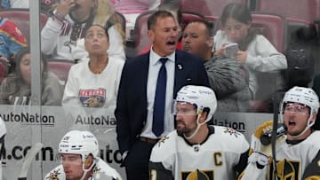 Oct 19, 2024; Sunrise, Florida, USA;  Vegas Golden Knights head coach Bruce Cassidy directs his team against the Florida Panthers during the third period at Amerant Bank Arena. Mandatory Credit: Jim Rassol-Imagn Images