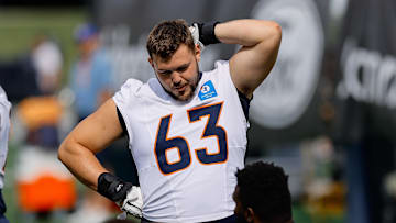 Jul 26, 2024; Englewood, CO, USA; Denver Broncos offensive tackle Alex Palczewski (63) during training camp at Broncos Park Powered by CommonSpirit. Mandatory Credit: Isaiah J. Downing-Imagn Images