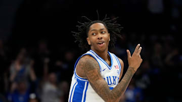 Mar 13, 2025; Charlotte, NC, USA; Duke Blue Devils guard Isaiah Evans (3) reacts after hitting a three point shot in the first half at Spectrum Center. Mandatory Credit: Bob Donnan-Imagn Images